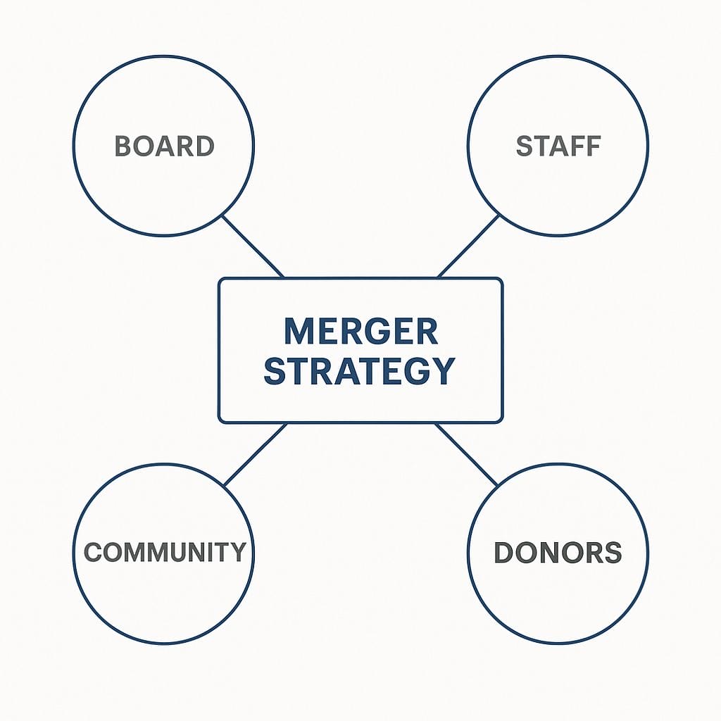 Stakeholder map showing board, staff, donors, beneficiaries, and community connected to nonprofit merger strategy